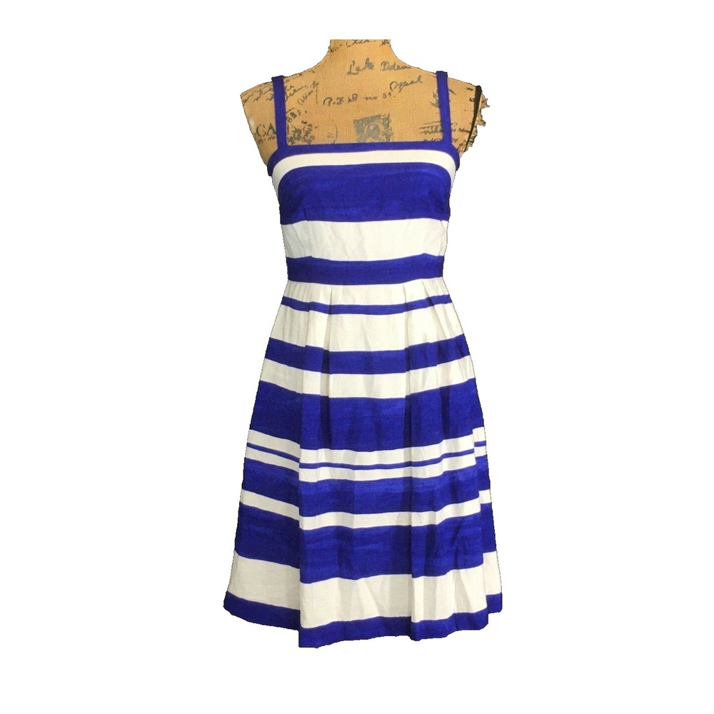 Ann Taylor LOFT Dress 0 White Royal Blue Stripe Box Pleat Sundress Washable CUTE